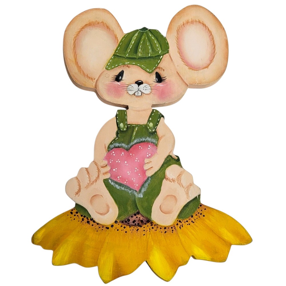 VTG 70s Mouse Sunflower Wall‎ Art Shelf Sitter Wooden Handpainted Nursery Decor